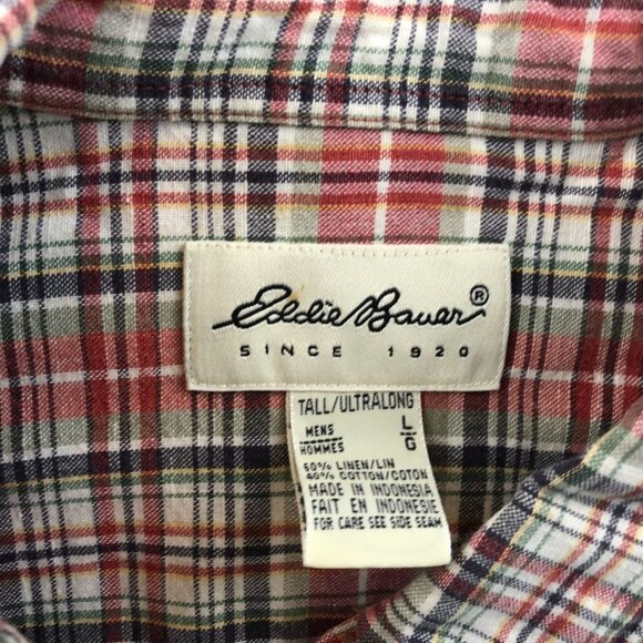 Eddie Bauer Mens Shirt Size LT Plaid Long Sleeve Button Down Linen Blend Red - Picture 3 of 9